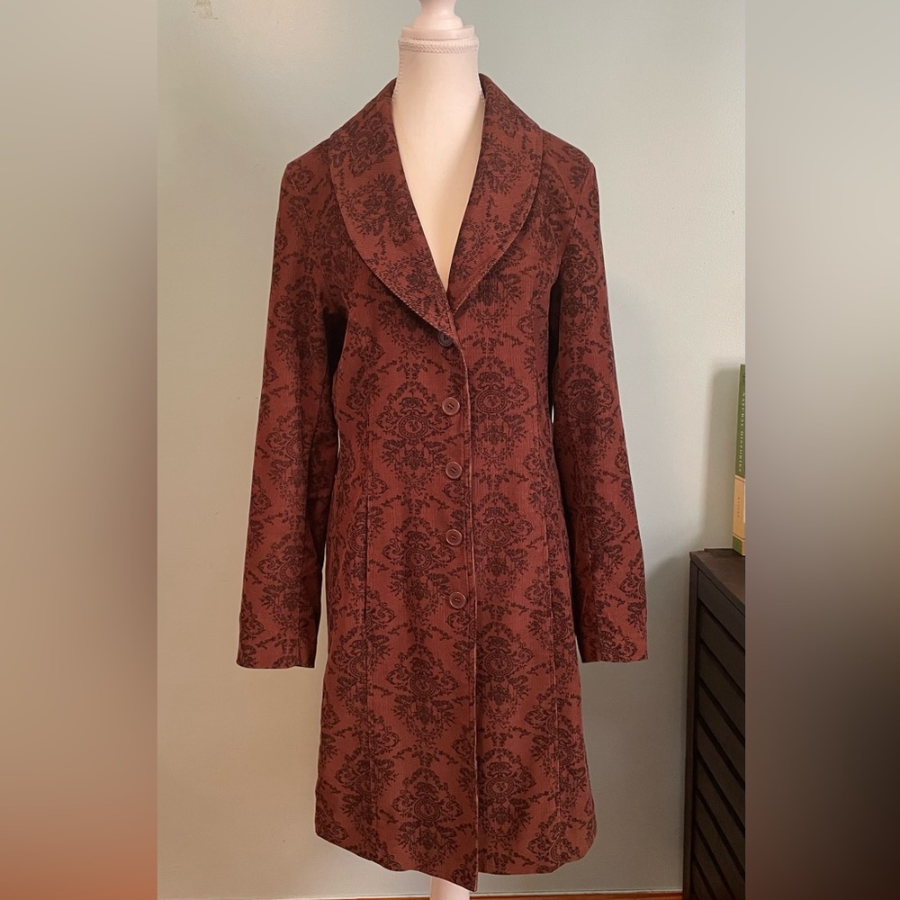EUC Vintage Classic y2k Static Damask Pattern Brown Corduroy 100% Cotton Coat M